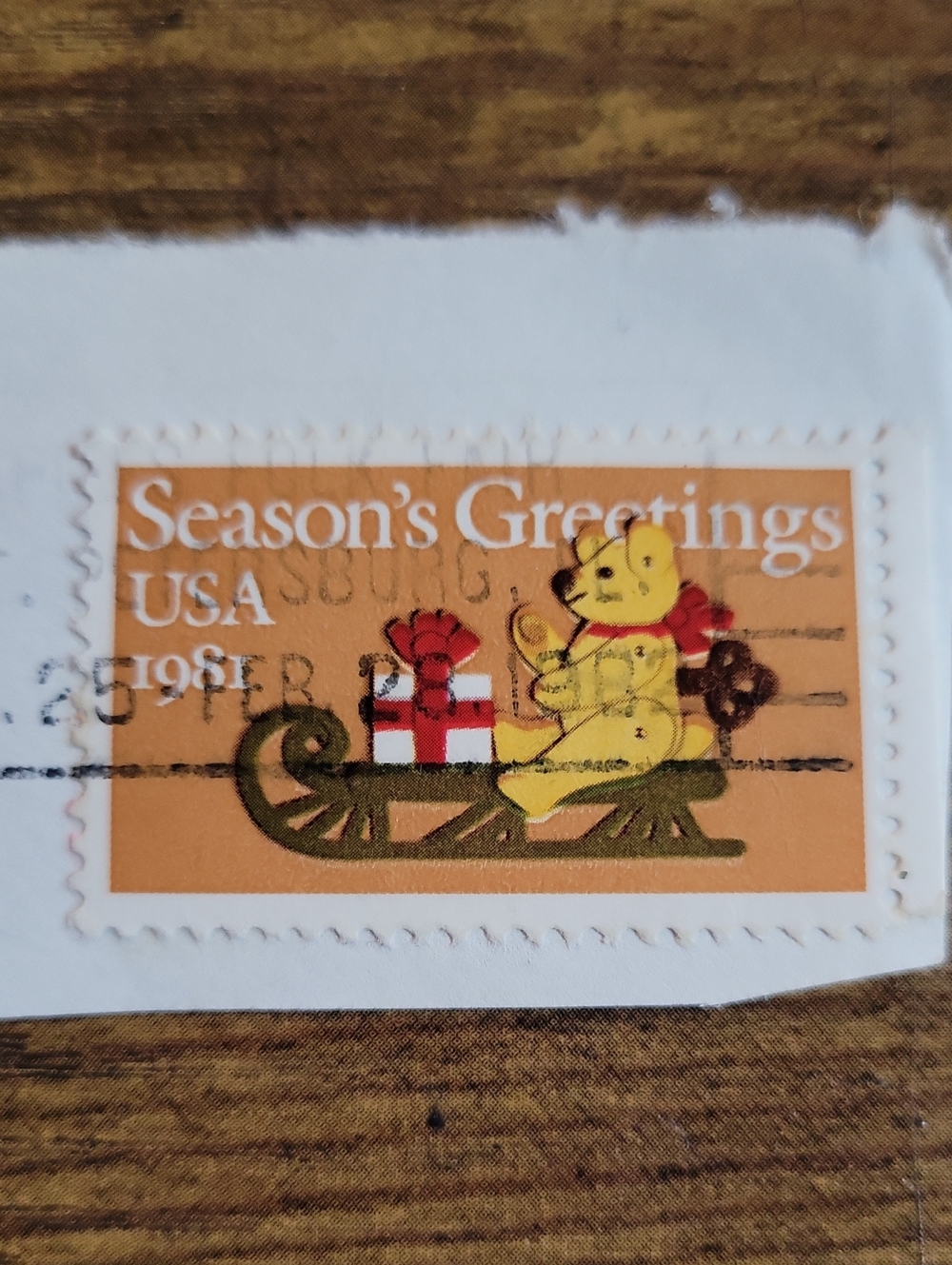 Season's Greetings Holiday Stamp Sticker - Yellow Teddy on Orange